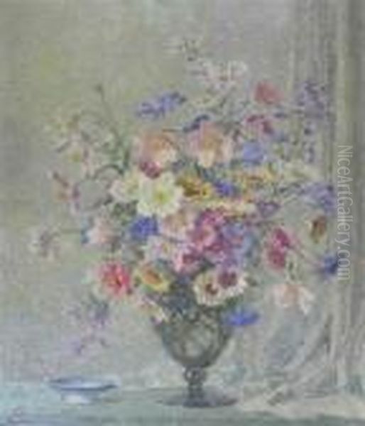 Still Life Of Summer Flowers Oil Painting by Freda, Nee Clulow Marston