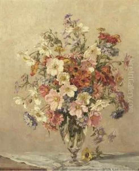 Summer Flowers In A Glass Vase On A Table Oil Painting by Freda, Nee Clulow Marston