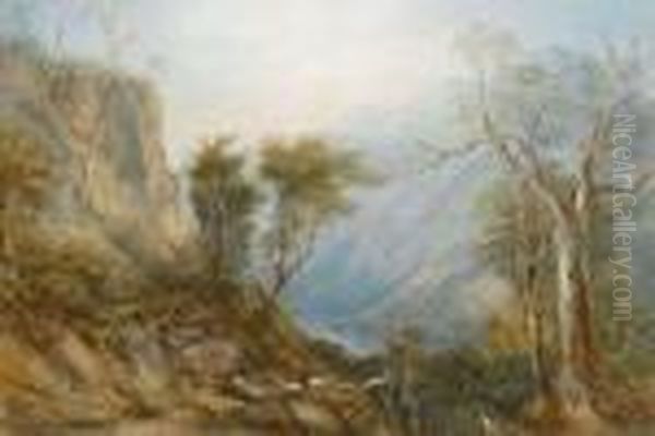 Martens, Australian, - An Upland
 River Gorge,huntsman Seated On A Fallen Tree In The Foreground, 
Watercolourheightened With White, Signed And Dated 1874 Bottom Left, 
44cm By64cm Oil Painting by Conrad Martens