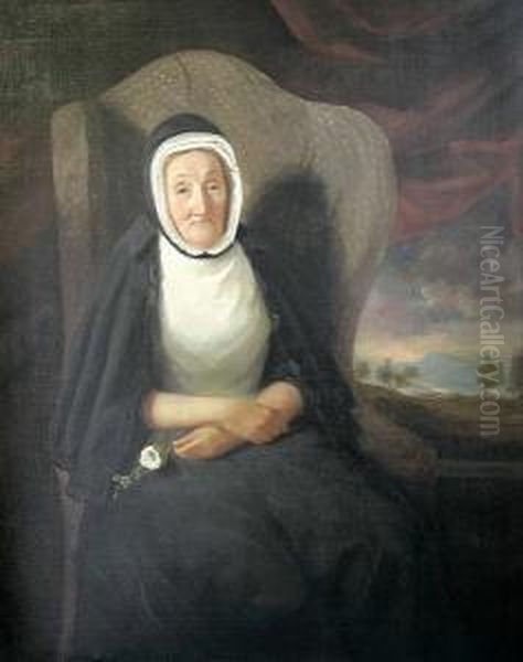 Three-quarter Length Portrait Of
 Marion Robertson Russell, Seated, Holding A White Rose, Landscape 
Behind Oil Painting by Henry Martens