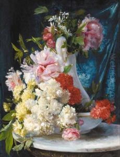 Summer Flowers In A Glass Pitcher And Bowl Oil Painting by Ricardo Marti