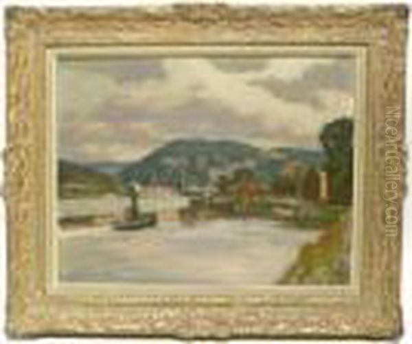 La Meuse 
A Huy Oil Painting by Alfred Martin