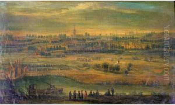 Active Brussels In The Mid 18th 
Century An Extensive Netherlandish River Landscape With Figures 
Conversing Before A Lock, A Church In The Distance Oil Painting by Martin Andreas Reisner