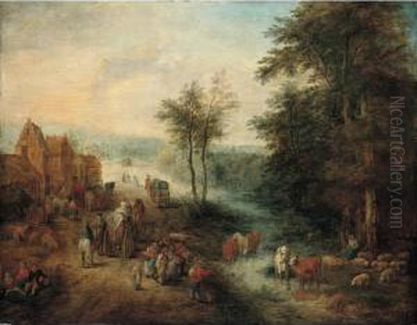 A Village Scene With Waggoners On A Road And Boors Watering Their Cattle In A River Oil Painting by Martin Andreas Reisner