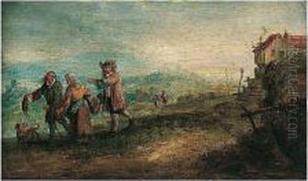 A Landscape With Travellers Near A Dwelling Oil Painting by Martin Andreas Reisner