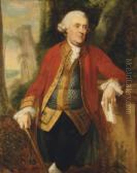 The Hon. John Skottowe, Governor
 Of St. Helena, In Scarlet Coat And Grey Embroidered Waistcoat, Holding A
 Cane And Letter Addressed 'the Hon. John Skottowe Governor Of St. 
Helena', Standing Three-quarter Length In A Landscape, Shipping Off 
Jamesto Oil Painting by David Martin