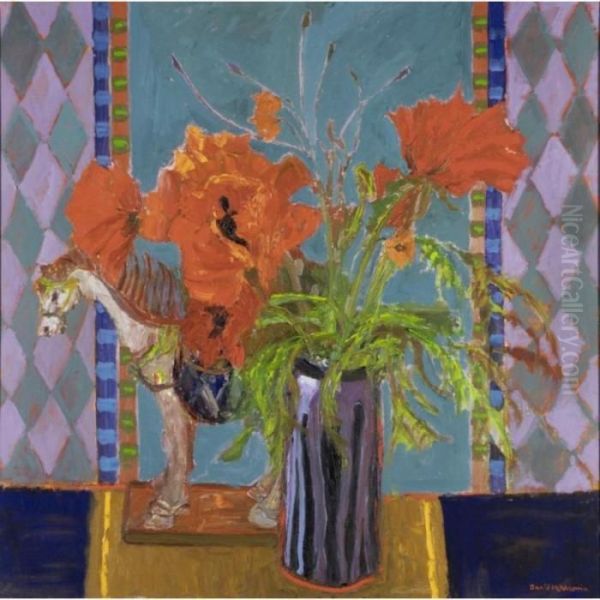 Still Life With Poppies And A Ceramic Horse Oil Painting by David Martin