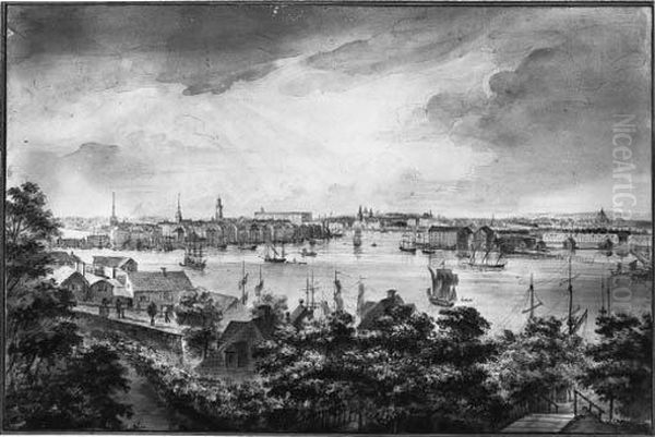 A View Of Stockholm From Soder 
With The Royal Palace, Storkyrkan,riddarholmskyrkan And Tyskakyrkan Oil Painting by Elias Martin