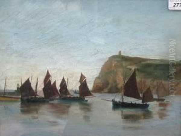 Herring Drifters Beneath A Headland. Oil Painting by Henry Martin