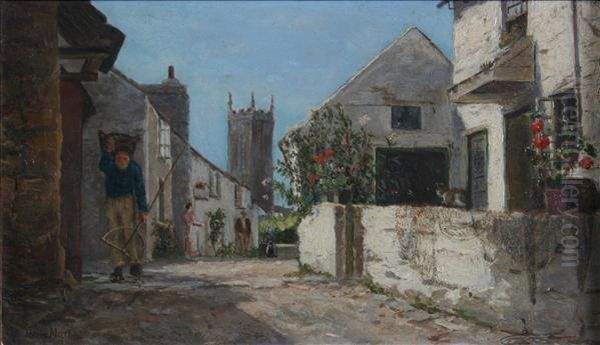 A Village Street Incornwall Oil Painting by Henry Martin