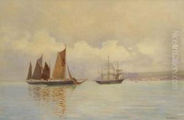 Fishing Boats And A Threemasted Schooner Off Newlyn Oil Painting by Henry Martin