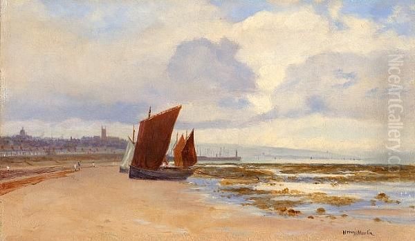 Beached Fishing Boats On The Shore, Penzance Oil Painting by Henry Martin