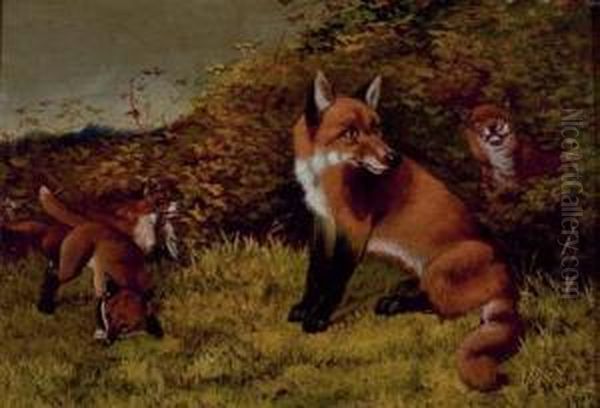 Mother Hound With Her Puppies; And Mother Fox With Her Young Oil Painting by Sylvester Martin