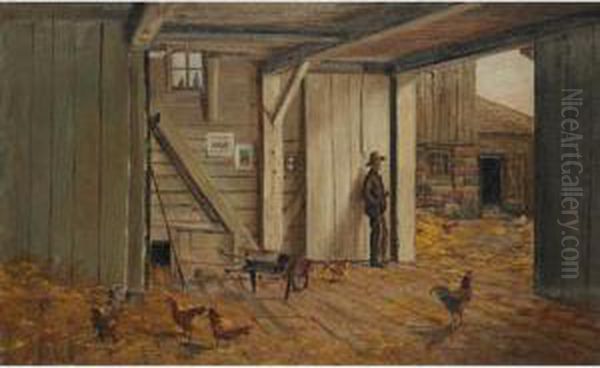 Farmer And Chickens In A Barn Doorway Oil Painting by Thomas Mower Martin