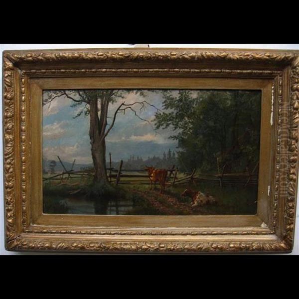 Cattle By Woodland Pool And Old Rail Fence Oil Painting by Thomas Mower Martin