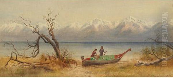 West Coast Indians With A Beached Canoe Oil Painting by Thomas Mower Martin