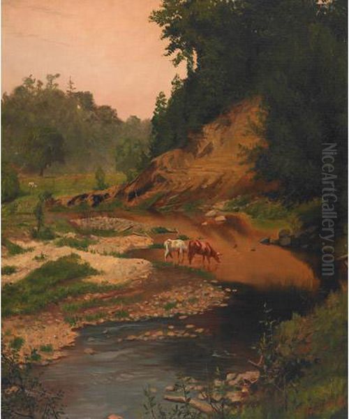 Cattle Watering At A Stream Oil Painting by Thomas Mower Martin