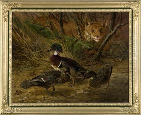 Two Ducks With Lurking Fox. Oil Painting by Thomas Mower Martin