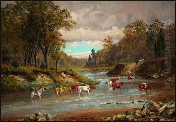 Stream With Cattle Oil Painting by Thomas Mower Martin