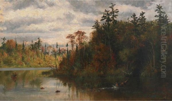 Two Hunters In A Canoe Persuing Their Prey Oil Painting by Thomas Mower Martin