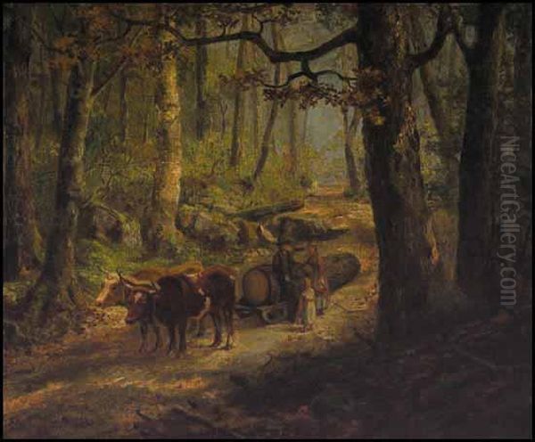 Oxen Hauling A Log Oil Painting by Thomas Mower Martin