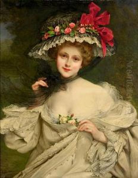 A Beauty With A Red-ribboned Hat Oil Painting by Francois Martin-Kavel