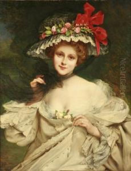 Portrait Of A Lady Wearing A Hat Oil Painting by Francois Martin-Kavel