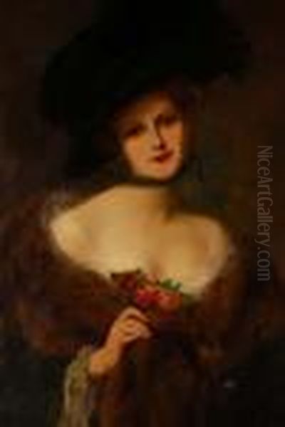 Half Lengthportrait Of A Lady Wearing A Large Green Velvet Hat And Rosetrimmed Stole Oil Painting by Francois Martin-Kavel