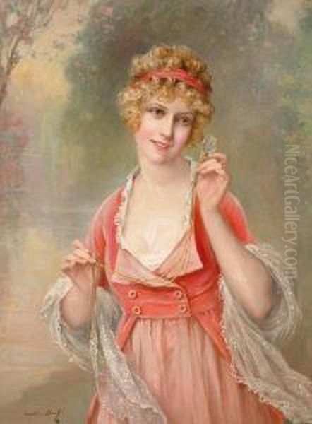 Young Lady Wearing Pink Dress And Holding An Eyeglass Oil Painting by Francois Martin-Kavel