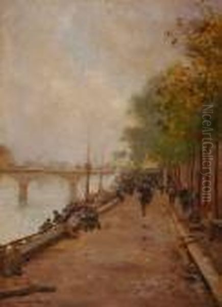 Les Quais De Seine Animes, Paris Oil Painting by Francois Martin-Kavel