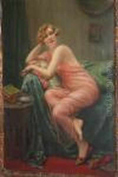 Elegante En Rose Dans Son Boudoir Oil Painting by Francois Martin-Kavel