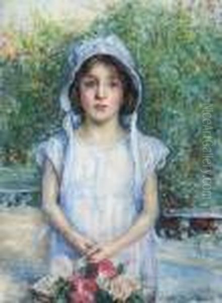 A Flower Girl Oil Painting by Edith Martineau