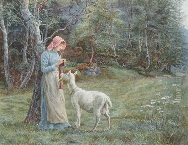 Maid Crocheting In A Field, With A Goat Standing Beside Oil Painting by Edith Martineau