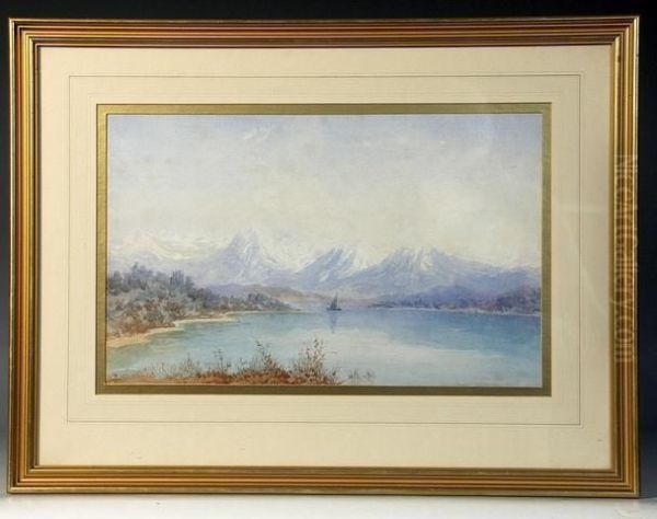 A European Mountainous Lake Scene Oil Painting by Edith Martineau