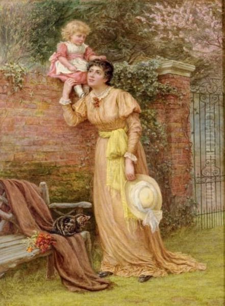 Mother And Child Playing In The Garden Oil Painting by Edith Martineau