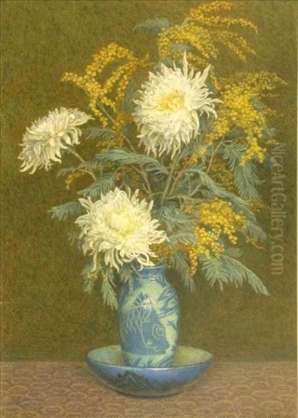 Still Life With White Chrysanthemums And Mimosa Oil Painting by Edith Martineau