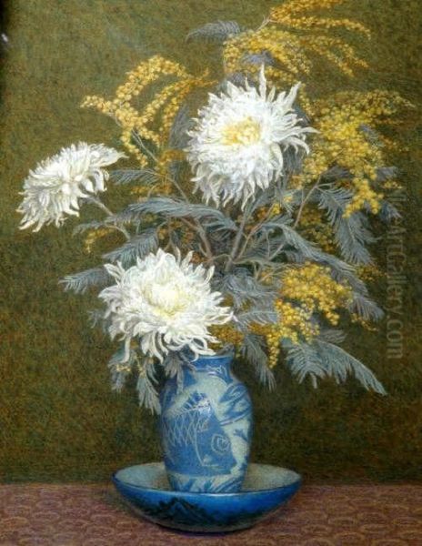 Rineau Arws 'chrysanthmums', Signed Watercolour, 53x38cm Oil Painting by Edith Martineau