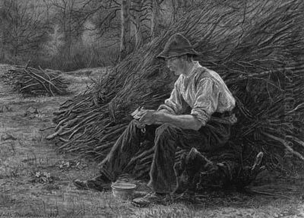 A Woodcutter Sitting On A Log Eating Lunch Oil Painting by Edith Martineau