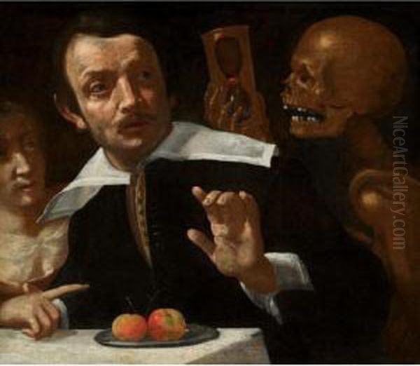 A Vanitas Scene With Death 
Holding An Hour Glass Behind A Startled Man, ('death At The Table') Oil Painting by Giovanni Martinelli