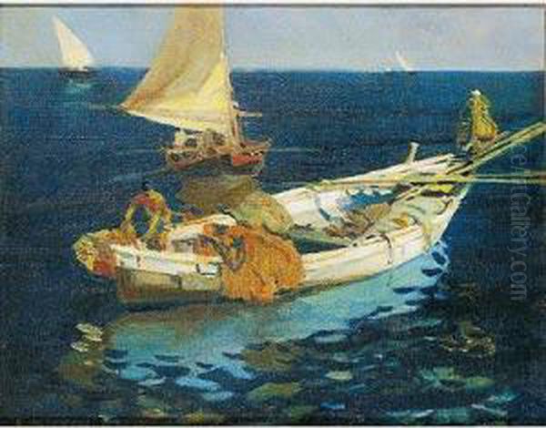 Pescador Recogiendo Las Redes Oil Painting by Enrique Martinez Cubells y Ruiz