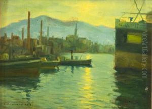 Puerto Oil Painting by Enrique Martinez Cubells y Ruiz