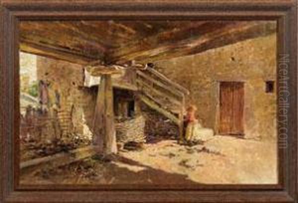 Madchen Am Bauernhaus Oil Painting by Enrique Martinez Cubells y Ruiz