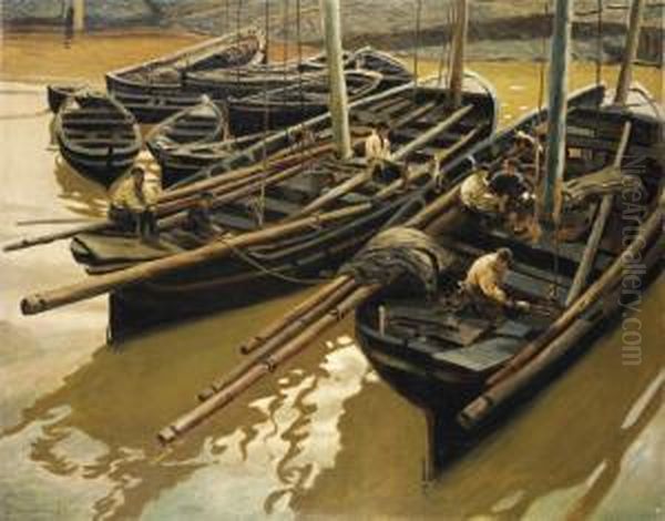 Fishing Boats At Their Mooring Oil Painting by Enrique Martinez Cubells y Ruiz