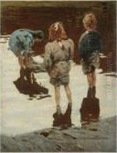 Jugando En La Arena (children Paddling) Oil Painting by Enrique Martinez Cubells y Ruiz