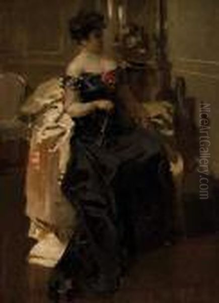 Dama Con Abanico Oil Painting by Enrique Martinez Cubells y Ruiz