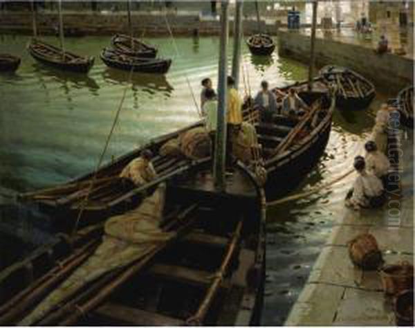 La Vuelta De La Pesca (return From The Catch) Oil Painting by Enrique Martinez Cubells y Ruiz