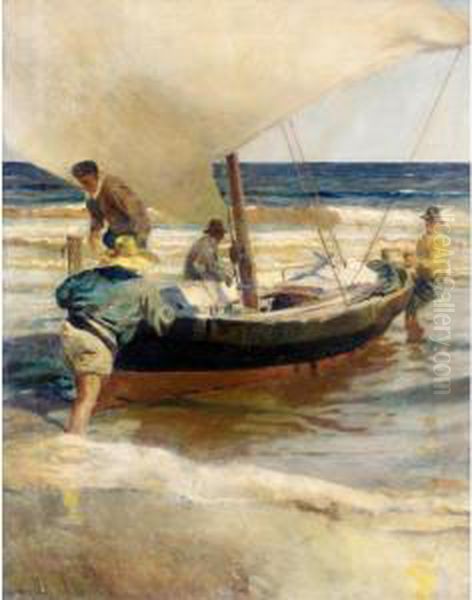 Regreso De La Pesca, Valencia (after The Catch, Valencia) Oil Painting by Enrique Martinez Cubells y Ruiz