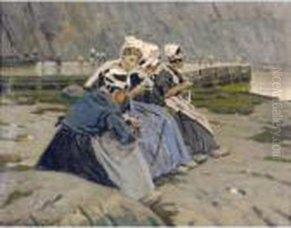 Pescadoras (fisherwomen On The Beach) Oil Painting by Enrique Martinez Cubells y Ruiz