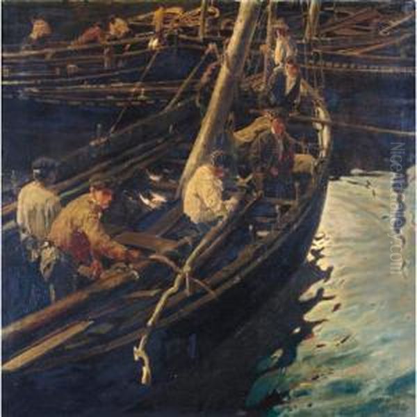 Vuelta De La Pesca (bringing In The Catch) Oil Painting by Enrique Martinez Cubells y Ruiz