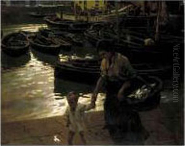 La Sardinera (the Fisherwoman) Oil Painting by Enrique Martinez Cubells y Ruiz